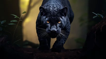 Tuinposter A magnificent black panther emerging from the shadows. © hamad