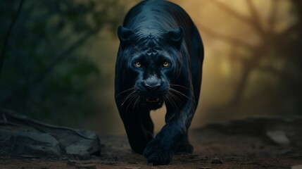 A magnificent black panther emerging from the shadows.