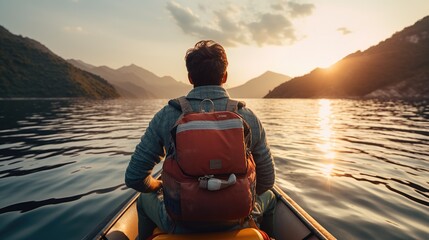 Rear view of young traveler with backpack on boat among mountains enjoying sunset