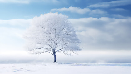 Beautiful white tree on the background of a winter landscape