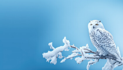 A polar owl sits on a tree branch in winter