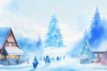 Abstract watercolor winter Christmas scene, village with snow covered houses and pine forest. Holiday background illustration for design, wall art print.