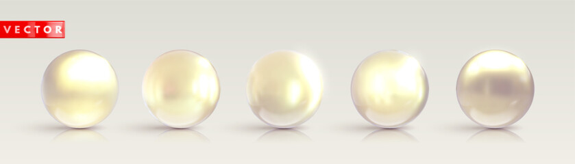 Set of pearl 3d spheres ball with reflection realistic style. Pearl glossy beads isolated on white background. 3d elements for design. Vector illustration