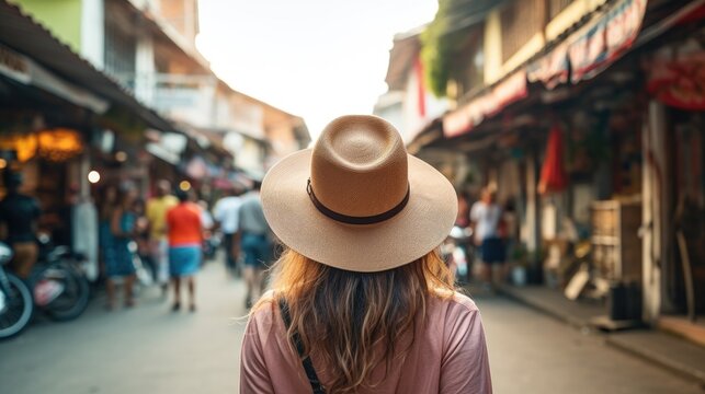 Rear view of young female tourist wearing a hat on the streets of Southeast Asia