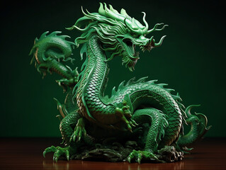Fototapeta premium A beautiful decorative statuette of a green scary eastern dragon, a symbol of the new year 2024