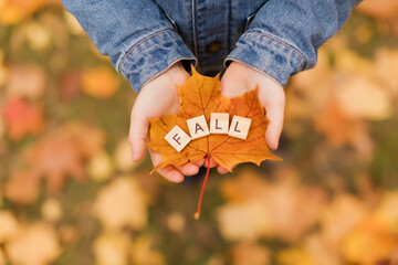 Boy holding wooden fall letters on leaf in hand at autumn park