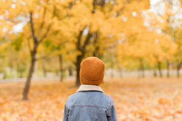 Boy wearing denim jacket and yellow knit hat at autumn park
