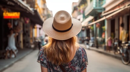 Rear view of young female tourist wearing a hat on the streets of Southeast Asia