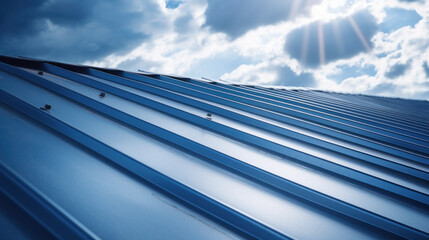 a Roof metal sheet with a blue sky with clouds. - obrazy, fototapety, plakaty