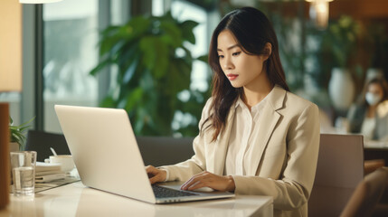 A focused young Asian woman browsing online on her laptop