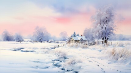 Obraz na płótnie Canvas AI generated illustration of a stunning painting of a winter landscape with trees dusted in snow