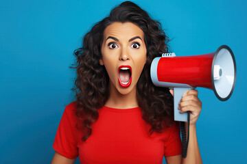 A surprised face of American young woman wears blue shirt hold scream in megaphone announces discounts sale Hurry up isolated on plain red background.