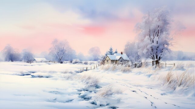 AI generated illustration of a stunning painting of a winter landscape with trees dusted in snow