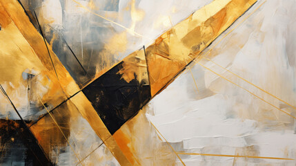 Minimalist geometric shapes with ink brushstrokes with golden color and shiny gold texture background. 