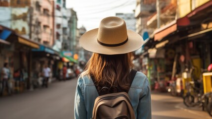 Rear view of young female tourist wearing a hat on the streets of Southeast Asia