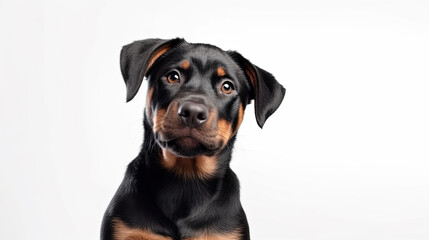 Cute little black Rottweiler dog on a white background in studio with empty space for text created with Generative AI Technology