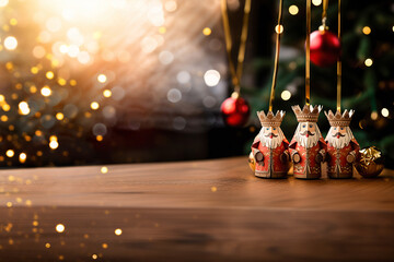 Christmas tree decorations in the form of the Three Wise Men against, sparkling bokeh. Religious holiday of Epiphany