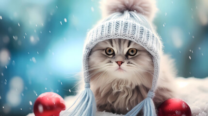 Fluffy Cat in Winter - Snowy Backgrounds, Whimsical winter backgrounds featuring a fluffy cat amidst falling snow