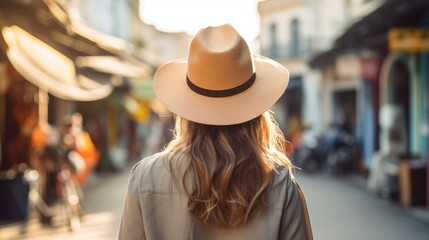 Rear view of young female tourist wearing a hat on the streets of Southeast Asia