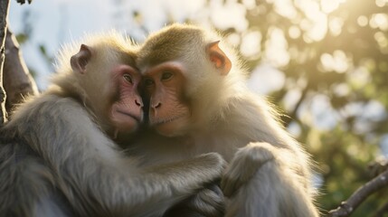 A pair of macaques grooming each other in the treetops.