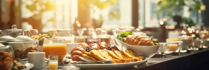 Breakfast Time in Luxury Hotel, Brunch with Family in Restaurant, Buffet Concept. - obrazy, fototapety, plakaty