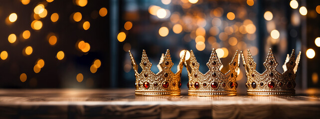 Three golden crowns sparkling festive background. Epiphany Day, Three Kings Day. Religious winter...