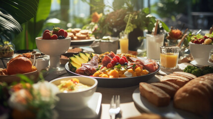 Fototapeta na wymiar Breakfast Time in Luxury Hotel, Brunch with Family in Restaurant, Buffet Concept.
