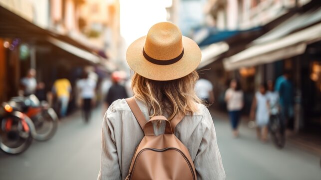Rear view of young female tourist wearing a hat on the streets of Southeast Asia