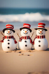 Mini Snowmen on a Sunny Beach, Adorable scenes of miniature snowmen enjoying a sunny day at the beach