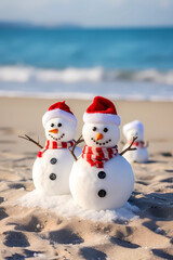 Mini Snowmen on a Sunny Beach, Adorable scenes of miniature snowmen enjoying a sunny day at the beach