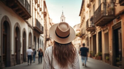 Rear view of young female tourist wearing hat on European street with old buildings