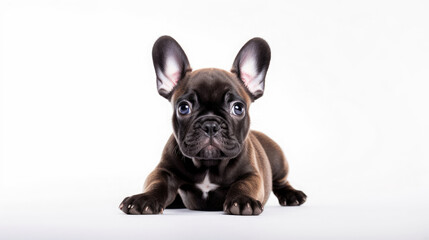 Cute little French Bulldog puppy lying down on a white background in studio with empty space for text created with Generative AI Technology