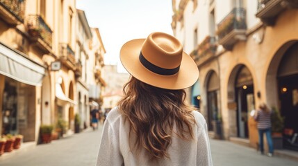 Rear view of young female tourist wearing hat on European street with old buildings