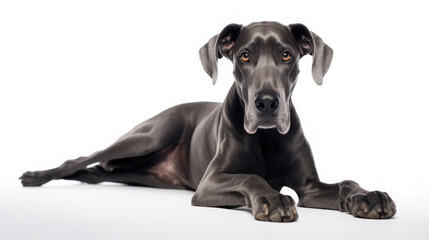 Cute little black Great Dane dog lying down on white background in studio with empty space for text created with Generative AI Technology - obrazy, fototapety, plakaty