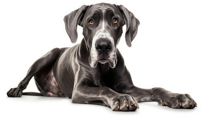 Cute little black Great Dane dog lying down on white background in studio with empty space for text created with Generative AI Technology - obrazy, fototapety, plakaty