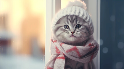 Fluffy Cat in Winter - Snowy Backgrounds, Whimsical winter backgrounds featuring a fluffy cat amidst falling snow