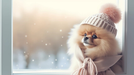 Fluffy Pomeranian in Winter - Snowy Backgrounds, Whimsical winter backgrounds featuring a fluffy Pomeranian amidst falling snow