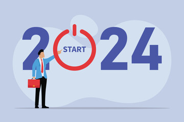 Man starts 2024 by pressing button 2D flat vector concept