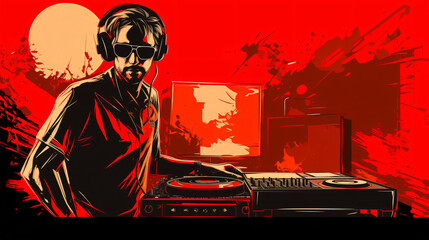Sketch of a DJ with a console on a red background