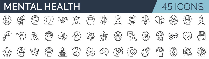 Set of 45 outline icons related to mental health. Linear icon collection. Editable stroke. Vector illustration - obrazy, fototapety, plakaty