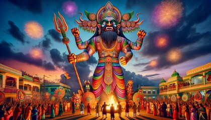 A vibrant and colorful scene depicting the Hindu festival of Dussehra - obrazy, fototapety, plakaty