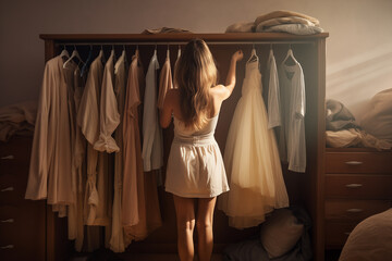 Woman selecting cloth from her wardrobe's rack, back facing camera. Concept of nothing to wear and getting dressed for wedding