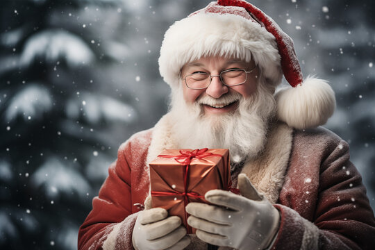 Close-up portrait of a smiling and cheerful Santa Claus with New Year and Christmas gifts. Outdoor winter holiday atmosphere