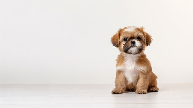 Cute little brown Shih Tzu dog sitting on white background in studio with empty space for text created with Generative AI Technology