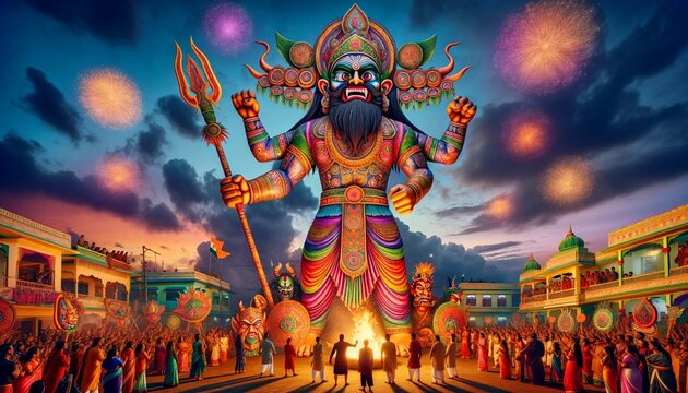 A vibrant and colorful scene depicting the Hindu festival of Dussehra
