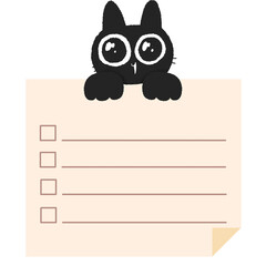 Cute Kawaii Sticky Note with black cat. Weekly Plan To Do List Check List. Memo Pad Stationery Notepad for task planning and study