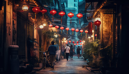 Fototapeta na wymiar Asian lanterns in city, Chinese New Year concept