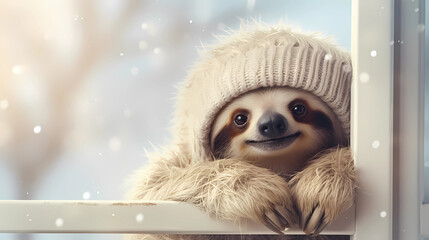 Smiling Sloth in Winter Vibes in a cozy woolen hat and scarf, set in a charming winter atmosphere. Witness the gentle snowfall, bringing the holiday and winter spirit to these enchanting scenes. 