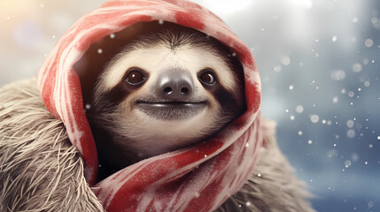 Smiling Sloth in Winter Vibes in a cozy woolen hat and scarf, set in a charming winter atmosphere. Witness the gentle snowfall, bringing the holiday and winter spirit to these enchanting scenes. 
