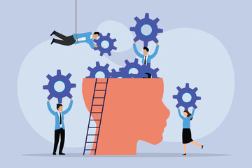 Business people Productivity, effectiveness. Intelligence and knowledge Human head with gear wheels inside